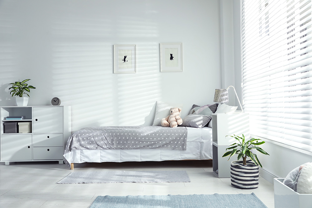 Light Shining Through Blinds. Bedroom Decor 